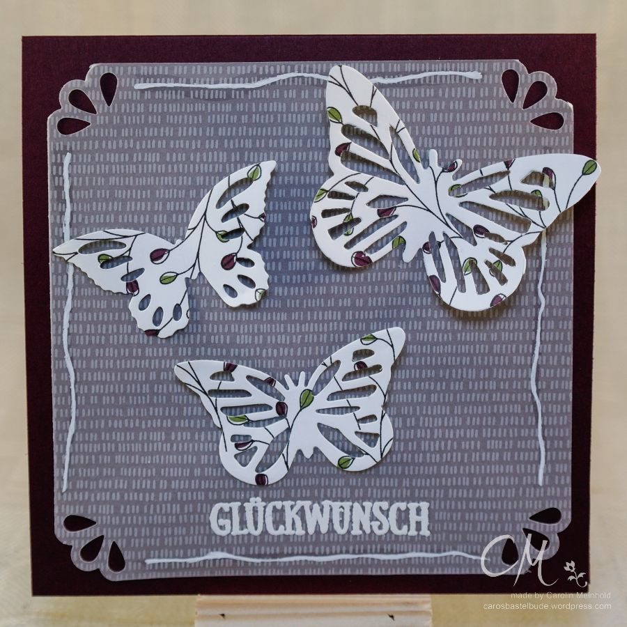 Resterverwertung: Geburtstagskarte mit Schmetterlingen verziert, Designerpergament im Block Botanischer Garten #CarosBastelbude carosbastelbude.de